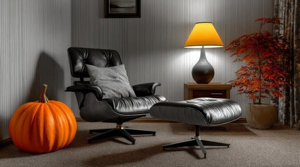 Stylish 1950s Interior Featuring Eames Chair Next to Pumpkin Lamp and Autumn Décor