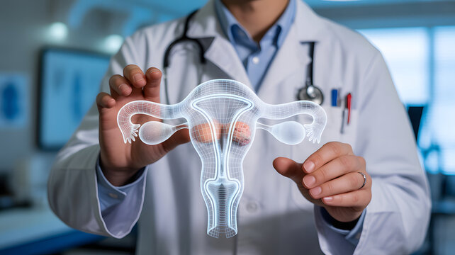 Doctor analyzes stunning 3D uterus model for innovative gynecology research and cutting edge medical solutions in a modern, professional, vibrant office