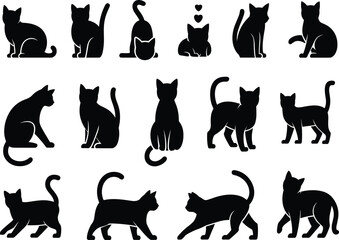 Cat silhouette collection, playful black cat icons, affection hearts, sleek feline designs, elegant feline symbols, cad drawing flat vector illustration