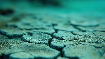 Calcareous dendritic patterns on coral reef in water with sunlight creating blue-green tones