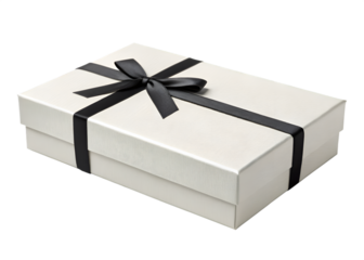 Rectangular white textured gift box with black ribbon and bow white box