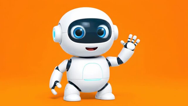 Friendly Robot Character on Orange Background - A cute white robot with blue eyes waves hello against a bright orange background. The robot has a happy expression.