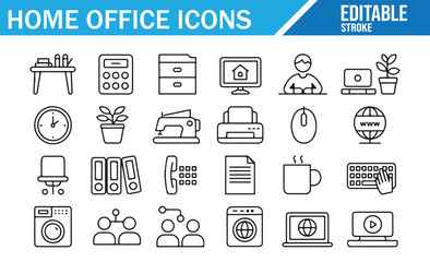 Home workstation icon pack — minimalist outline business accessories