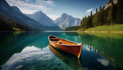 rowboat floating on still mountain lake