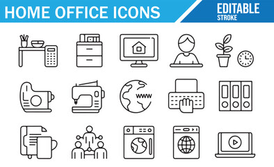 Home office icons — editable stroke line set of remote work equipment, desk, computer, laptop, monitor, printer, chair, router, webcam, documents and accessories — outline workplace pack