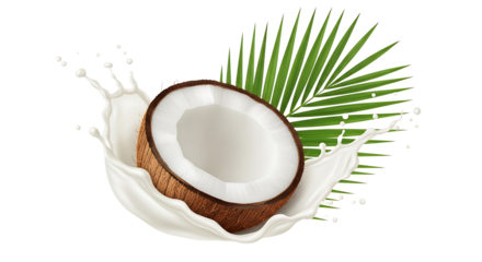 Fresh coconut half splashing in milk isolated on transparent background