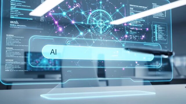 Futuristic AI Search Bar Interface with Digital Pen - An video showcasing a futuristic AI search interface with a digital pen hovering above a glowing search bar with the word "AI.