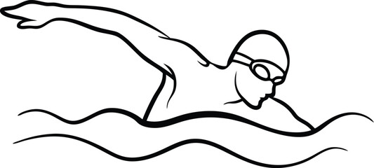 Line drawing a swimmer in goggles cap surfacing from Continous line drawing swimming