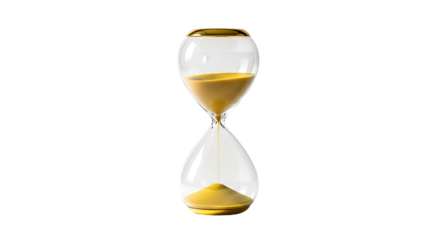 Golden sand flowing in a glass hourglass isolated on transparent background