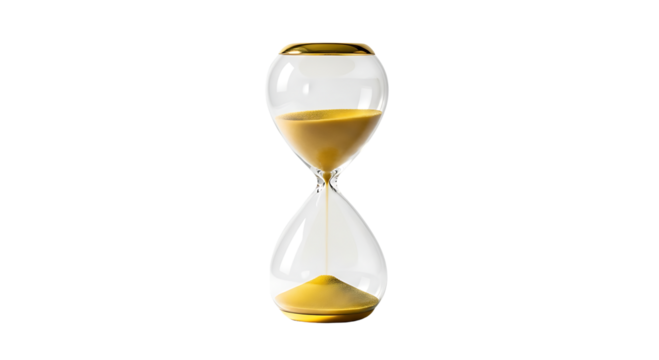 Golden sand flowing in a glass hourglass isolated on transparent background