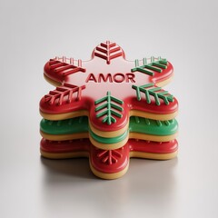 Stack of colorful flower shaped cookies with the word amor