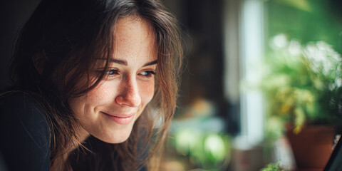 Obraz premium A smiling woman with long hair sits by a window, surrounded by greenery, exuding a sense of happiness and contentment.