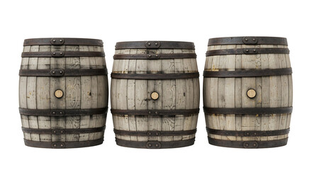 Obraz premium Three old wooden barrels isolated on transparent background