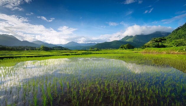 tranquil ai generated rural scene with green rice fields reflected sky and faraway mountains