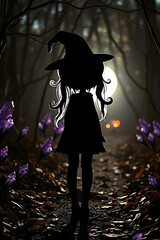 Silhouette of a girl in a witch costume