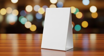 Obraz premium Blank table tent card displayed on a wooden surface with soft bokeh lights in the background