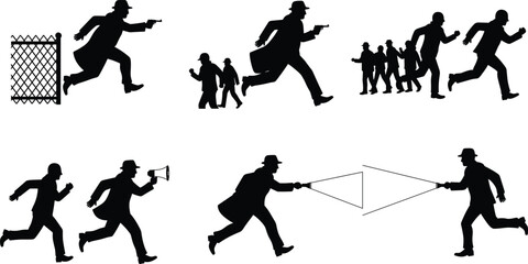 PrintSilhouette of detectives chasing suspects with gun, flashlight, megaphone, teamwork pursuit, law enforcement investigation, running police officers, crime prevention and security