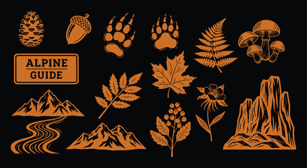 Alpine. Mountain. Outdoor. A vintage vector icon set in a woodcut style with mountains, a bear paw, and leaves for a national park's branding, a hiking guide, or an adventure logo.