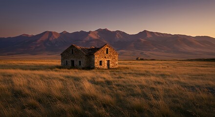 Old Stone House in Vast Open Field with Mountain Range at Sunset