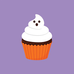 Spooky Halloween ghost cupcake with white frosting and chocolate cake, a festive sweet treat for holiday parties.