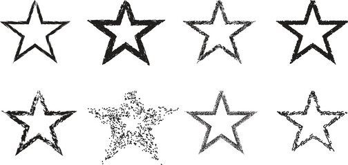 Hand drawn grunge star outline set, doodle sketch star icons, textured abstract star vector collection