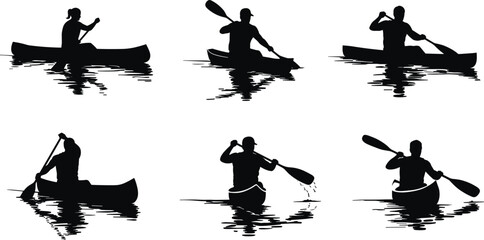 PrintSilhouette of people paddling canoe and kayak on water, outdoor adventure activity, river sport, leisure lifestyle, recreation travel and exploration