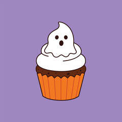 Adorable Halloween ghost cupcake with spooky white frosting and an orange wrapper on a purple background, perfect for holiday treats.