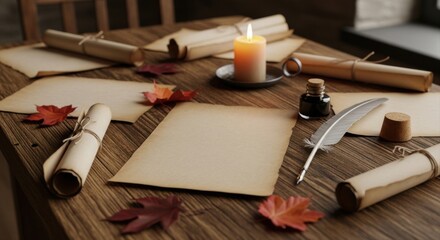 Still life of scrolls, papers, candle, ink, and feather on wooden table surface indoors