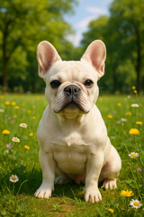 French Bulldog Sitting in Flowered Meadow