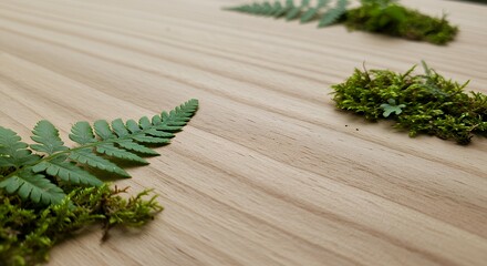 Green Fern Leaves and Moss on Light Wooden Surface for Natural Decor or Botanical Design