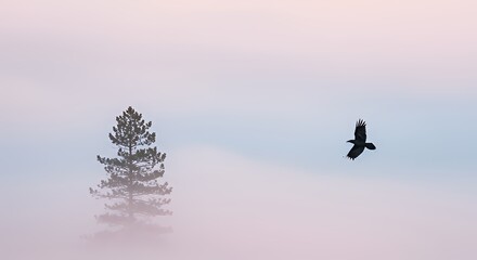 Silhouette of a Bird Flying Near a Tall Pine Tree in Soft Pink and Blue Sky