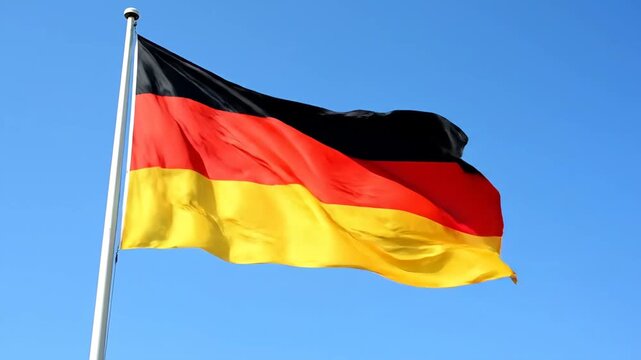 German Flag Waving in the Wind - The flag of Germany waves gracefully against a clear, blue sky. The black, red, and gold tricolor is fully extended, showing the national emblem.