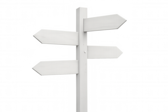 Wooden signpost with blank arrows pointing different directions, symbolizing choice, guidance, decision, path, future, options