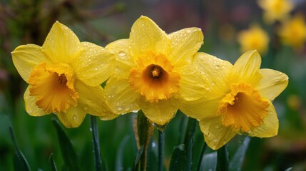 Fototapeta premium Three vibrant yellow daffodils display their beauty in a garden glistening with raindrops. The scene captures the essence of springtime with lush green leaves surrounding the flowers.