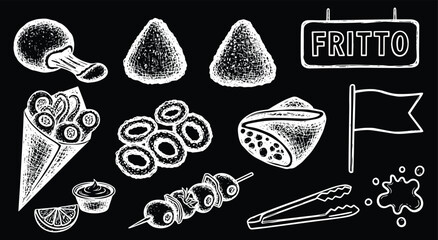 Chalkboard. Italian Street Food. "Fritto". A hand drawn chalk vector set of fried food like arancini and calamari for a restaurant menu, a food truck's branding, or a festival poster.