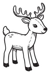 Fototapeta premium Cute cartoon deer with antlers in black and white line art drawing – retro hand drawn illustration
