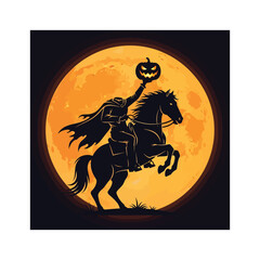 Spooky Headless Horseman silhouette riding a majestic horse under an ominous full moon, holding a glowing Halloween pumpkin