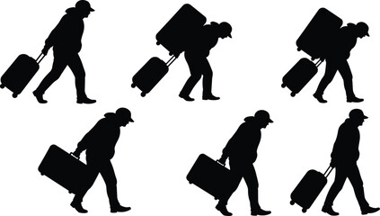 PrintTraveler silhouette vector, man walking with luggage, tourist carrying suitcase, journey illustration, black shadow figure, travel clipart, airport passenger, vacation design art