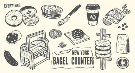 New York. Bagel. A vintage hand drawn vector illustration set in a woodcut style of a bagel shop's counter for a restaurant menu, a food truck's branding, or a culinary poster.