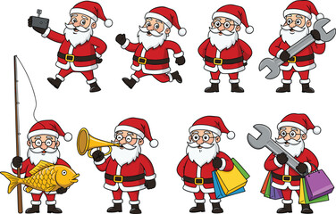 Funny Santa Claus cartoon set with selfie, shopping, fishing, trumpet, big wrench, holiday activities, festive illustration
