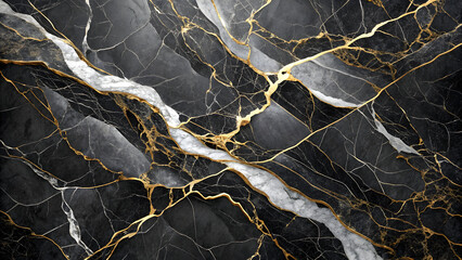 Luxurious dark gray marble surface featuring dramatic gold and white flowing veins, creating an opulent abstract texture background.