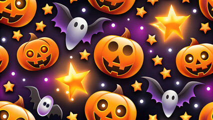 Naklejka premium Seamless Halloween illustration pattern featuring smiling jack-o-lanterns, spooky flying ghosts, and glowing stars on a dark background