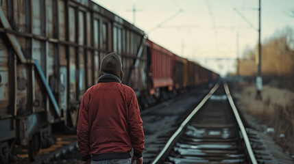 Person walking away from freight train