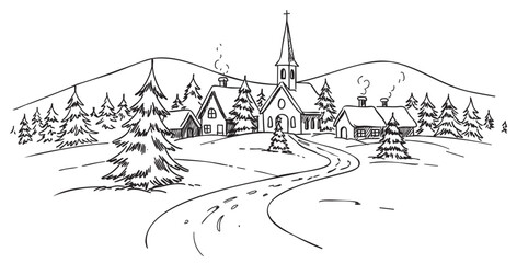 Fototapeta premium Charming winter village scene with church in snowy landscape drawing – retro hand drawn illustration