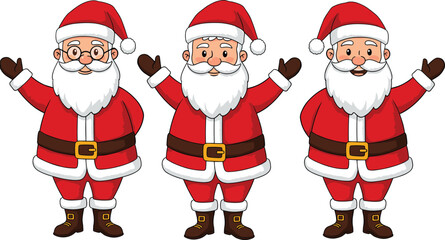 Santa Claus cartoon set, Santa waving hand, Santa with glasses, smiling Santa illustration, Christmas festive holiday character