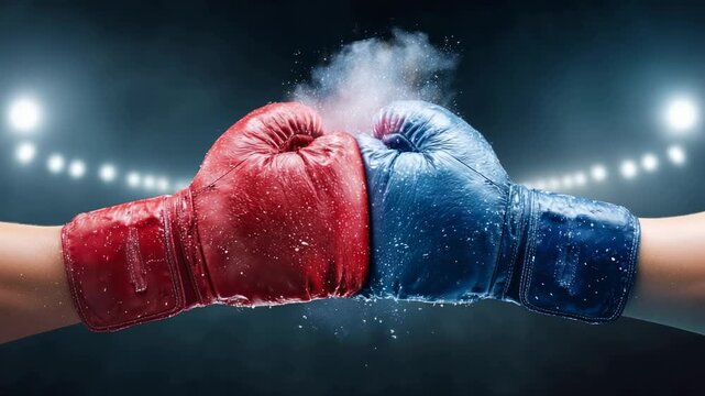 Red and blue boxing gloves clashing in dramatic fight impact with stadium lights and sports energy