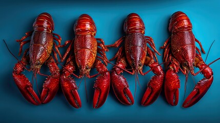 Cooked lobsters on teal background seafood cuisine