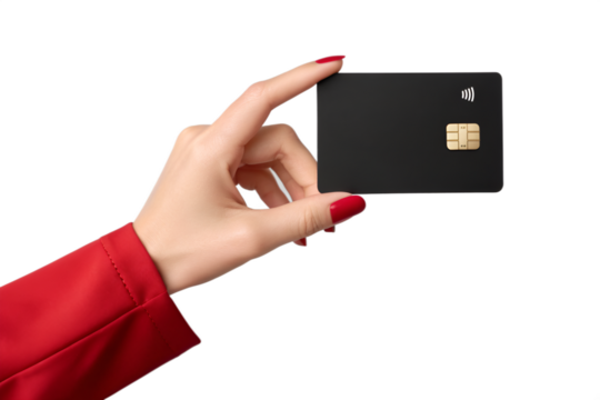 Woman hand with red nails holding black credit card with chip and wifi symbol female - Powered by Adobe