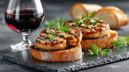 Rich duck or goose liver pate, known as foie gras, is elegantly presented on a contemporary slate platter with crispy toast, a glass of delicate rose wine, and plump grapes in a lavish environment