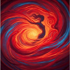 Abstract painting of a woman's silhouette in a vortex of fire and energy.
